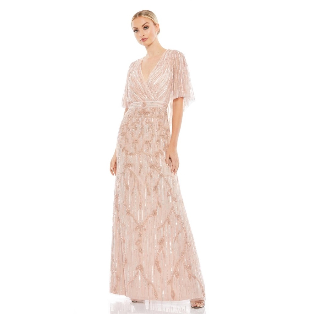 MAC DUGGAL: Wrap-front Beaded Cape Gown In Blush (NWT)